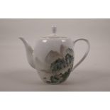 A Chinese Republic porcelain teapot with enamelled riverside decoration, mark to base, 6½" high