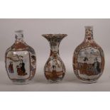 Three Japanese Meiji porcelain vases with decorative panels depicting geisha and their courting