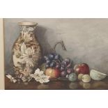 D.J. Hill, watercolour, still life, vase and fruit, signed, 13" x 9"