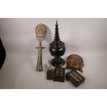 A collection of wooden items, two quillwork boxes, 5" x 4" x 2", a tourist ware African figurine,