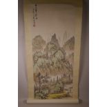 A Chinese watercolour scroll depicting a mountain landscape, 15½" x 36"