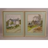 Pair of French landscapes, 'Chateau de Puyguilhem' and 'Chateau de Beynac', initialled M.C. (M.C.