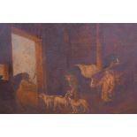 In the manner of George Morland, figures with horses and dogs in a stable interior, 25" x 30"