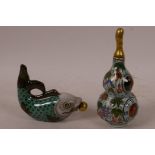 Two Chinese porcelain snuff bottles, one formed as a fish, the other a double gourd vase, both