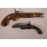 A replica percussion cap pistol, together with a replica twin barrel percussion pistol with fold out