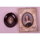 A miniature portrait of a lady, in engraved bone frame, 5½" x 4½" overall, together with an oval