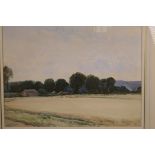 John Fullwood, fields and farmstead with woodland background, signed and titled on the mount '
