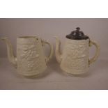 A Staffordshire salt glazed ceramic teapot with pewter lid, and another, lacking cover, both C19th