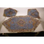 Three Oriental tablecloths, machine embroidered with silver threads, largest 36" x 18½"