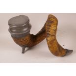 An early C19th ram's horn and pewter table snuff mull, 6½" high, 10" wide
