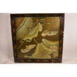 A large square Oriental painted lacquer tray painted with ducks and water lilies, 21" square