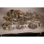 A large quantity of silver plated items including tankards, bonbon dishes etc