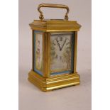 A brass cased carriage clock set with Sevres style panels, A/F crack to dial panel, 2" x 2" x 3"