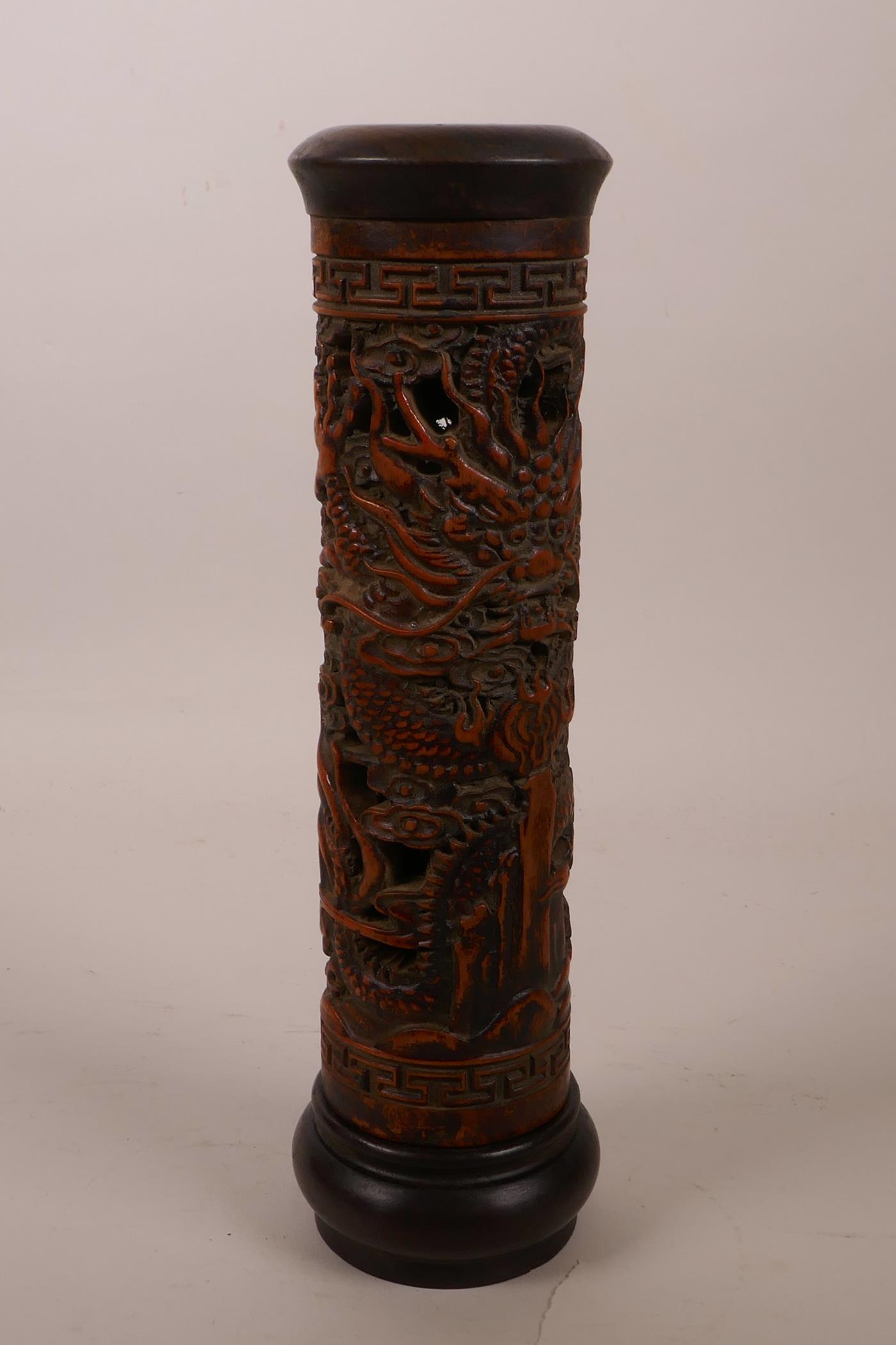 A Chinese bamboo and hardwood cylinder incense burner with carved and pierced dragon decoration, 10" - Image 4 of 4