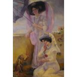 Ben Lister, oil on canvas laid on board, French impressionist style portrait of two women and a