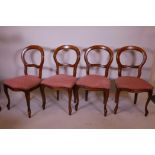 A set of four beech framed Victorian style balloon back chairs with upholstered seats and cabriole