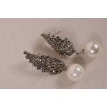 A pair of Art Deco style 925 silver, marcasite and faux pearl drop earrings, 2" drop