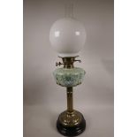 A Victorian reeded column brass oil lamp, displaying distinct Arts and Crafts influence, 26½" x 8"