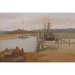 Albert E.V. Lilley, signed oil on panel, boats moored in a coastal inlet, inscribed on label
