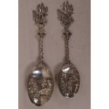 A pair of early C19th Dutch silver spoons with decorative sailing ship finials, twist stems and