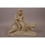 A Chinese blanc de chine figure of Lohan seated on a tiger, impressed marks verso, 6½" wide