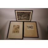 Three monochrome etchings, 'Myatt's Fields, Lambeth', 'The Mower' and 'Ship Cove, Port de Grave,