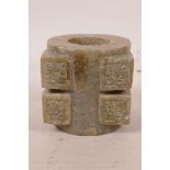 A Chinese green soapstone pot with carved archaic style decoration, 2½" high