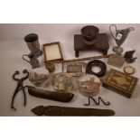 A box of miscellaneous items including C19th pot lids, treen pewterware, coconut cup etc