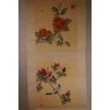 A Chinese twin panel watercolour scroll on silk depicting a bird and insect amongst flowers, each
