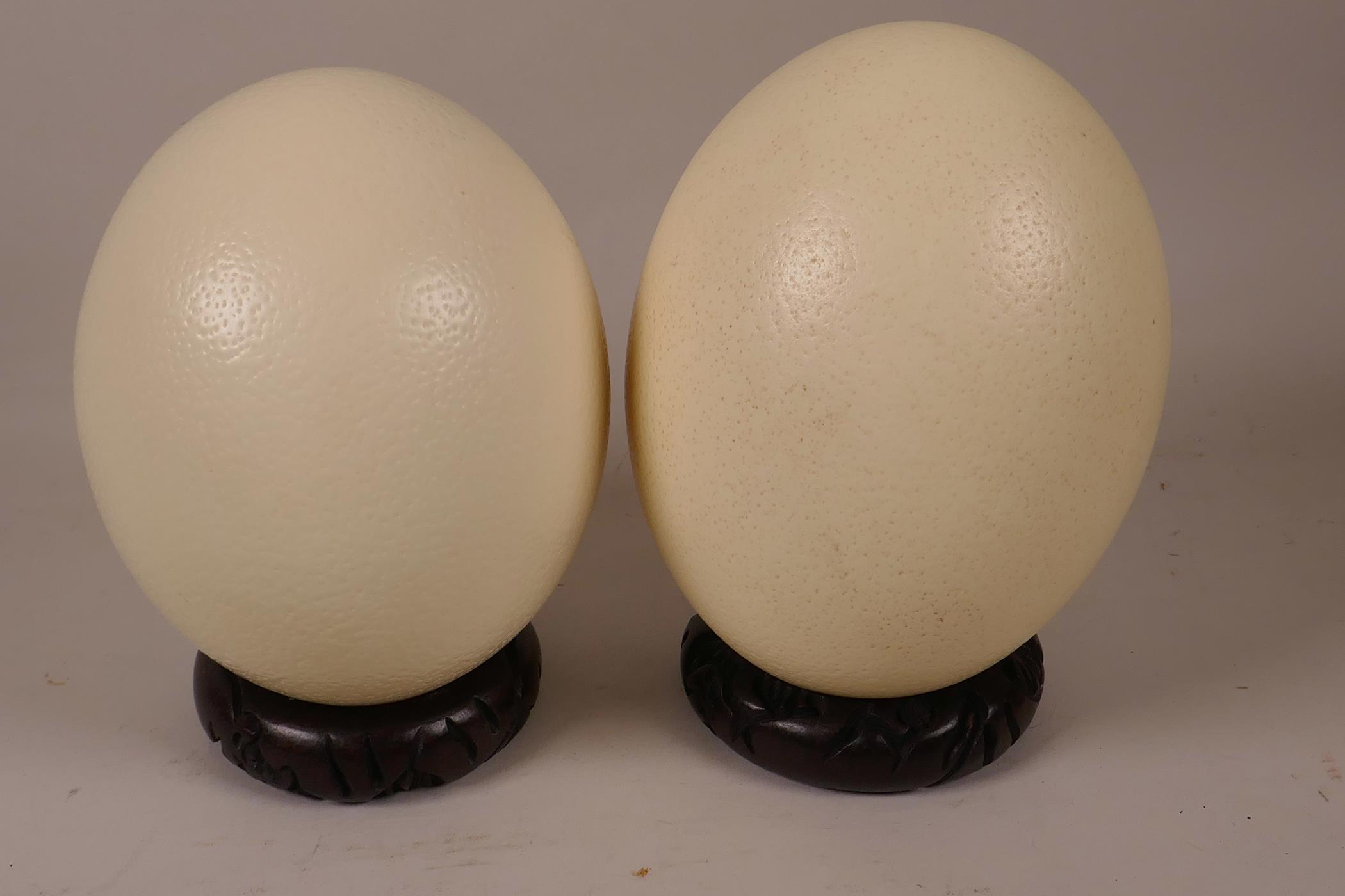 A pair of ostrich eggs on carved hardwood stands, 7" high