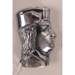 A silver plated vesta case in the form of the bust of Christopher Columbus, 2½" long