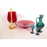 A cameo glass vase, 15" high, a glass decanter, and ruby glass bowl etc