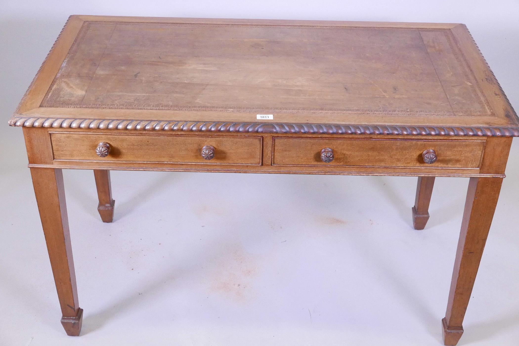 A mahogany two drawer writing table, with gadrooned edge and inset blind leather tooled top, - Image 2 of 3