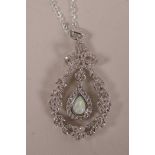 A 925 silver, cubic zirconium and opalite set pendant necklace, 1½" drop