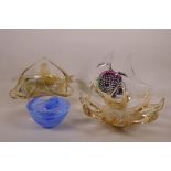 Two studio glass bowls, largest 9" diameter, together with a 'Kosta Boda' blue glass paperweight/pin