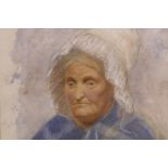 Portrait of a Cornish fishwife, monogrammed, framed watercolour, 5" x 6¾"