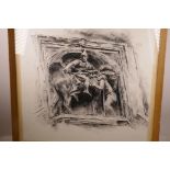 Imre Hofbauer, black and white lithograph of an architectural stone carving, 21" x 20"