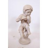 A painted terracotta figure of a putti playing a flute, A/F, 24½" high