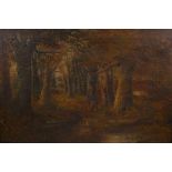 James Wallace, woodland landscape with figures on a path, C19th, oil on canvas, A/F, 30" x 20"