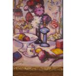 Fruit and flowers, impressionist still life, signed, 15" x 19"