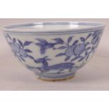 A Chinese blue and white porcelain rice bowl decorated with deer in a landscape, 6 character mark to