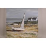 Jill Ziddich, coastal scene with whitewashed cottages and beached sailing boat, oil on canvas, 20" x