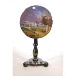A Victorian papier mache tilt top occasional table, inlaid with mother of pearl and painted with a
