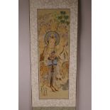A Chinese watercolour on silk scroll depicting Quan Yin and other deities, 5½" x 16"