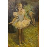 After Laura Knight, ballerinas preparing for the stage, signed, oil on board, 16" x 23"