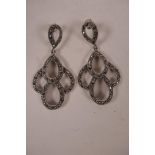 A pair of 925 silver and marcasite set drop earrings, 2" drop