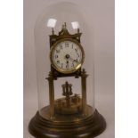 A silk suspension anniversary clock under glass dome, 12" high overall