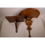 A C19th walnut wall bracket with demi lune top and turned supports, 17" x 16", together with a