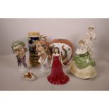 A collection of miscellaneous porcelain including Royal Doulton figurines, musical stein, Oriental