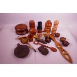 A box of treen items including items from the Shepherd collection (sold by Sotheby's Pulborough 18/